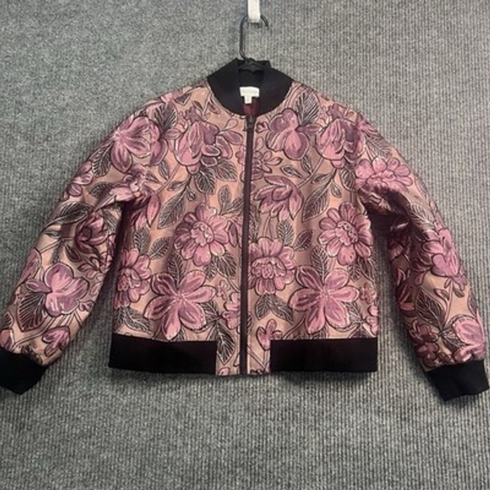 by Stacy London Metallic Floral Brocade Bomber Jacket Zipper Front Size XS